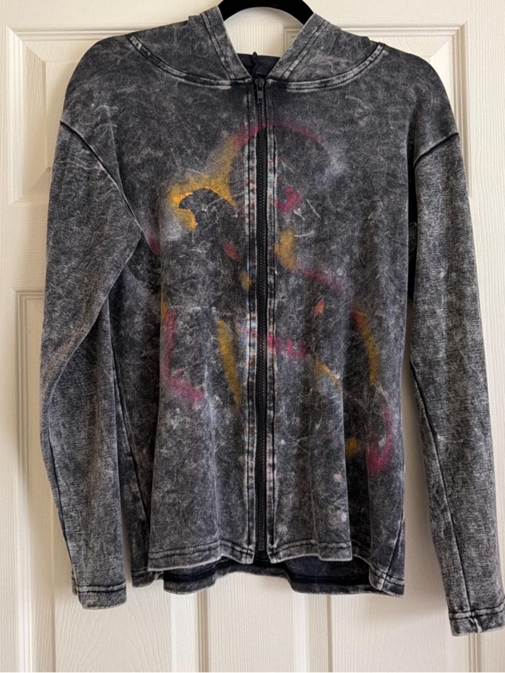 Rising International Black Acid-Wash Zip Hoodie with Subtle Multi-Color Graphic